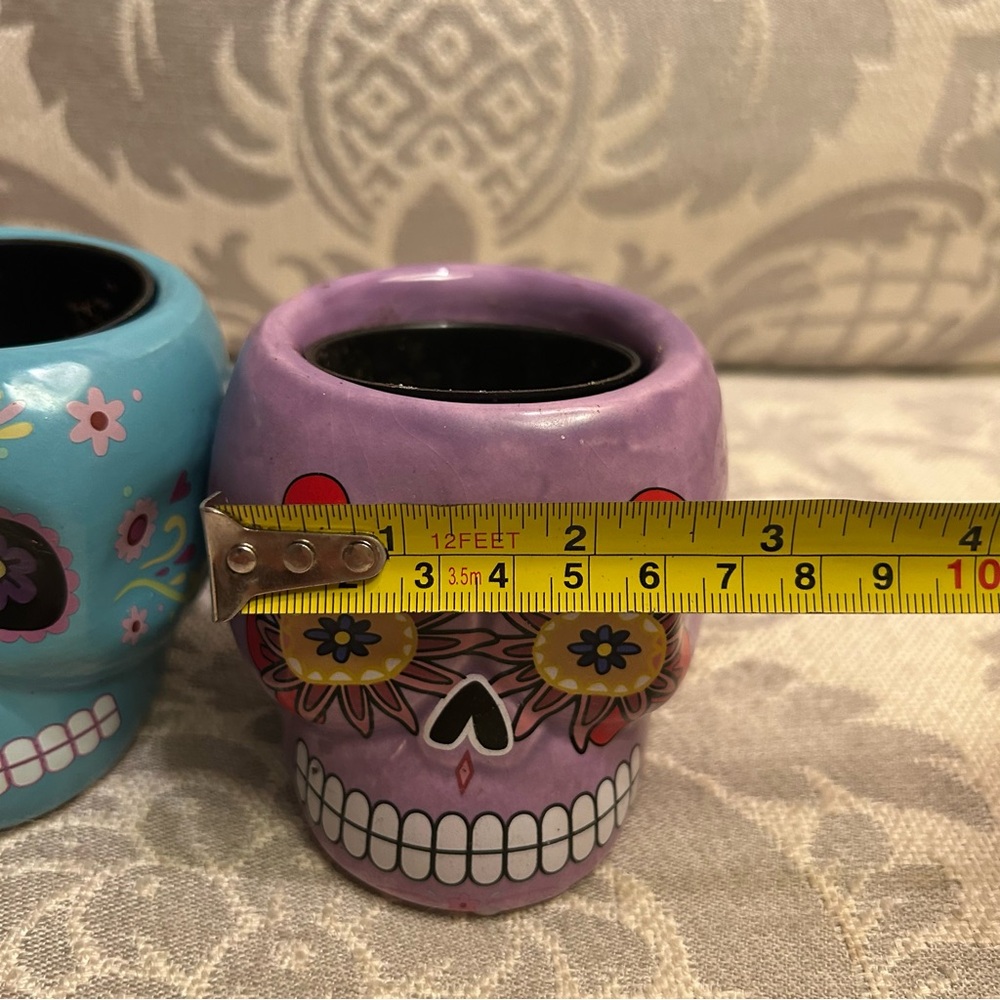 Lot of 2 Ceramic Day Of The Dead Sugar Skull Planter 2.5 inc Trader Joes Purple - Picture 5 of 7